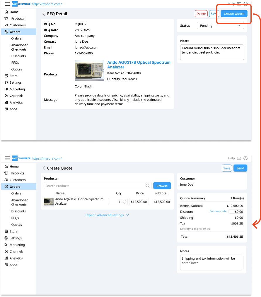Create customized quotes from inquiry